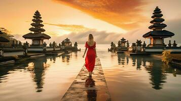 Ancient pura ulun danu bratan, besakih or famous hindu temple and tourist in bali island at sunrise concept by AI Generated photo
