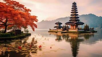 Ancient pura ulun danu bratan, besakih or famous hindu temple and tourist in bali island at sunrise concept by AI Generated photo