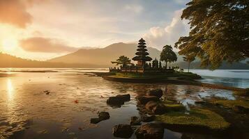 antiguo pura ulun danu bratán, besakih o famoso hindú templo y turista en bali isla a amanecer concepto por ai generado foto