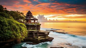 Ancient pura ulun danu bratan, besakih or famous hindu temple and tourist in bali island at sunrise concept by AI Generated photo