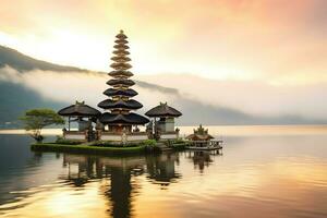 Ancient pura ulun danu bratan, besakih or famous hindu temple and tourist in bali island at sunrise concept by AI Generated photo