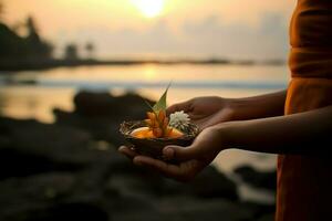 Ancient pura ulun danu bratan, besakih or famous hindu temple and tourist in bali island at sunrise concept by AI Generated photo