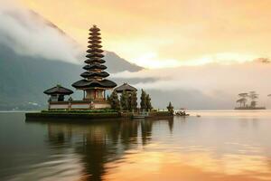 Ancient pura ulun danu bratan, besakih or famous hindu temple and tourist in bali island at sunrise concept by AI Generated photo