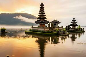 Ancient pura ulun danu bratan, besakih or famous hindu temple and tourist in bali island at sunrise concept by AI Generated photo