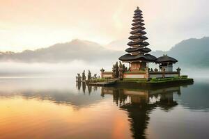 Ancient pura ulun danu bratan, besakih or famous hindu temple and tourist in bali island at sunrise concept by AI Generated photo