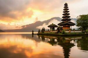 Ancient pura ulun danu bratan, besakih or famous hindu temple and tourist in bali island at sunrise concept by AI Generated photo