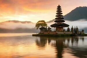 Ancient pura ulun danu bratan, besakih or famous hindu temple and tourist in bali island at sunrise concept by AI Generated photo