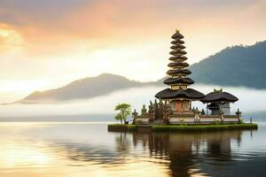 antiguo pura ulun danu bratán, besakih o famoso hindú templo y turista en bali isla a amanecer concepto por ai generado foto