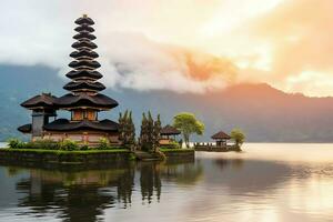 Ancient pura ulun danu bratan, besakih or famous hindu temple and tourist in bali island at sunrise concept by AI Generated photo