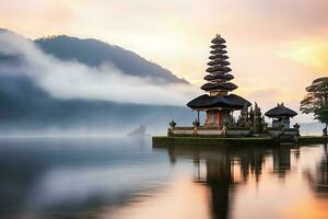 Ancient pura ulun danu bratan, besakih or famous hindu temple and tourist in bali island at sunrise concept by AI Generated photo