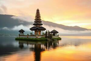 Ancient pura ulun danu bratan, besakih or famous hindu temple and tourist in bali island at sunrise concept by AI Generated photo