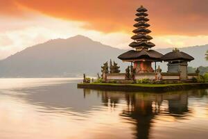 Ancient pura ulun danu bratan, besakih or famous hindu temple and tourist in bali island at sunrise concept by AI Generated photo