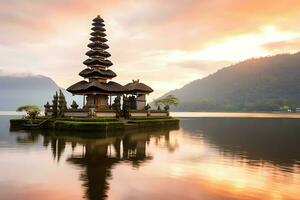 Ancient pura ulun danu bratan, besakih or famous hindu temple and tourist in bali island at sunrise concept by AI Generated photo