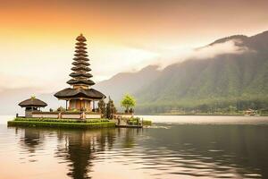 Ancient pura ulun danu bratan, besakih or famous hindu temple and tourist in bali island at sunrise concept by AI Generated photo