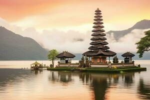 Ancient pura ulun danu bratan, besakih or famous hindu temple and tourist in bali island at sunrise concept by AI Generated photo