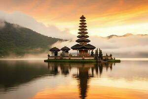 Ancient pura ulun danu bratan, besakih or famous hindu temple and tourist in bali island at sunrise concept by AI Generated photo