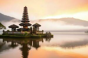 Ancient pura ulun danu bratan, besakih or famous hindu temple and tourist in bali island at sunrise concept by AI Generated photo