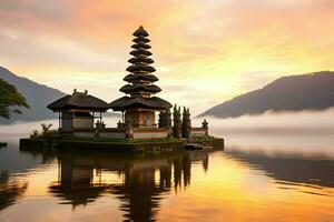 Ancient pura ulun danu bratan, besakih or famous hindu temple and tourist in bali island at sunrise concept by AI Generated photo