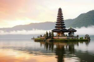 Ancient pura ulun danu bratan, besakih or famous hindu temple and tourist in bali island at sunrise concept by AI Generated photo