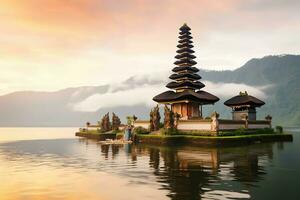 Ancient pura ulun danu bratan, besakih or famous hindu temple and tourist in bali island at sunrise concept by AI Generated photo