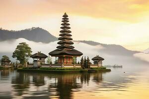 Ancient pura ulun danu bratan, besakih or famous hindu temple and tourist in bali island at sunrise concept by AI Generated photo