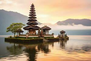 Ancient pura ulun danu bratan, besakih or famous hindu temple and tourist in bali island at sunrise concept by AI Generated photo