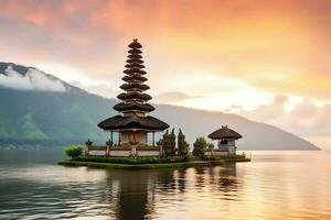 Ancient pura ulun danu bratan, besakih or famous hindu temple and tourist in bali island at sunrise concept by AI Generated photo