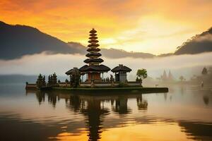 Ancient pura ulun danu bratan, besakih or famous hindu temple and tourist in bali island at sunrise concept by AI Generated photo