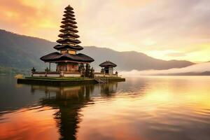 antiguo pura ulun danu bratán, besakih o famoso hindú templo y turista en bali isla a amanecer concepto por ai generado foto