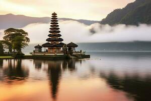 Ancient pura ulun danu bratan, besakih or famous hindu temple and tourist in bali island at sunrise concept by AI Generated photo