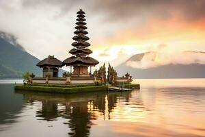 Ancient pura ulun danu bratan, besakih or famous hindu temple and tourist in bali island at sunrise concept by AI Generated photo