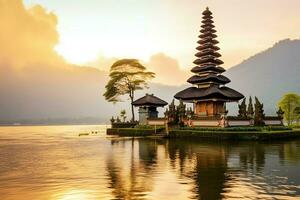 Ancient pura ulun danu bratan, besakih or famous hindu temple and tourist in bali island at sunrise concept by AI Generated photo