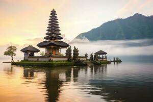 Ancient pura ulun danu bratan, besakih or famous hindu temple and tourist in bali island at sunrise concept by AI Generated photo