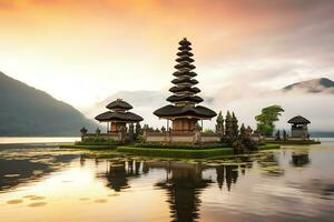 Ancient pura ulun danu bratan, besakih or famous hindu temple and tourist in bali island at sunrise concept by AI Generated photo