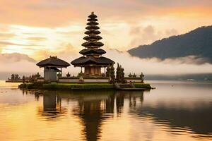 Ancient pura ulun danu bratan, besakih or famous hindu temple and tourist in bali island at sunrise concept by AI Generated photo