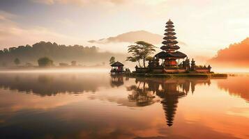 Ancient pura ulun danu bratan, besakih or famous hindu temple and tourist in bali island at sunrise concept by AI Generated photo