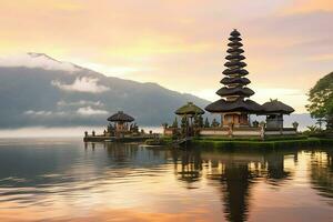 Ancient pura ulun danu bratan, besakih or famous hindu temple and tourist in bali island at sunrise concept by AI Generated photo