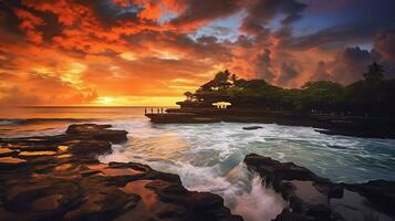 Ancient pura ulun danu bratan, besakih or famous hindu temple and tourist in bali island at sunrise concept by AI Generated photo