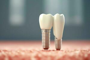 Close up of a dental tooth implant or healthy human teeth. White enamel and dental implants surgery concept by AI Generated photo