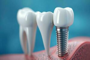 Close up of a dental tooth implant or healthy human teeth. White enamel and dental implants surgery concept by AI Generated photo