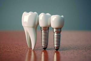 Close up of a dental tooth implant or healthy human teeth. White enamel and dental implants surgery concept by AI Generated photo