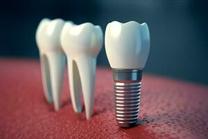 Close up of a dental tooth implant or healthy human teeth. White enamel and dental implants surgery concept by AI Generated photo