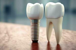 Close up of a dental tooth implant or healthy human teeth. White enamel and dental implants surgery concept by AI Generated photo