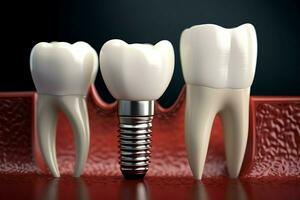 Close up of a dental tooth implant or healthy human teeth. White enamel and dental implants surgery concept by AI Generated photo