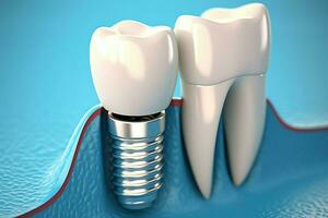 Close up of a dental tooth implant or healthy human teeth. White enamel and dental implants surgery concept by AI Generated photo