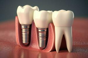 Close up of a dental tooth implant or healthy human teeth. White enamel and dental implants surgery concept by AI Generated photo