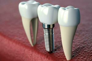 Close up of a dental tooth implant or healthy human teeth. White enamel and dental implants surgery concept by AI Generated photo