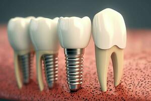 cerca arriba de un dental diente implante o sano humano dientes. blanco esmalte y dental implantes cirugía concepto por ai generado foto