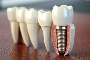 Close up of a dental tooth implant or healthy human teeth. White enamel and dental implants surgery concept by AI Generated photo