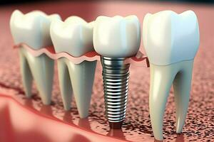 cerca arriba de un dental diente implante o sano humano dientes. blanco esmalte y dental implantes cirugía concepto por ai generado foto